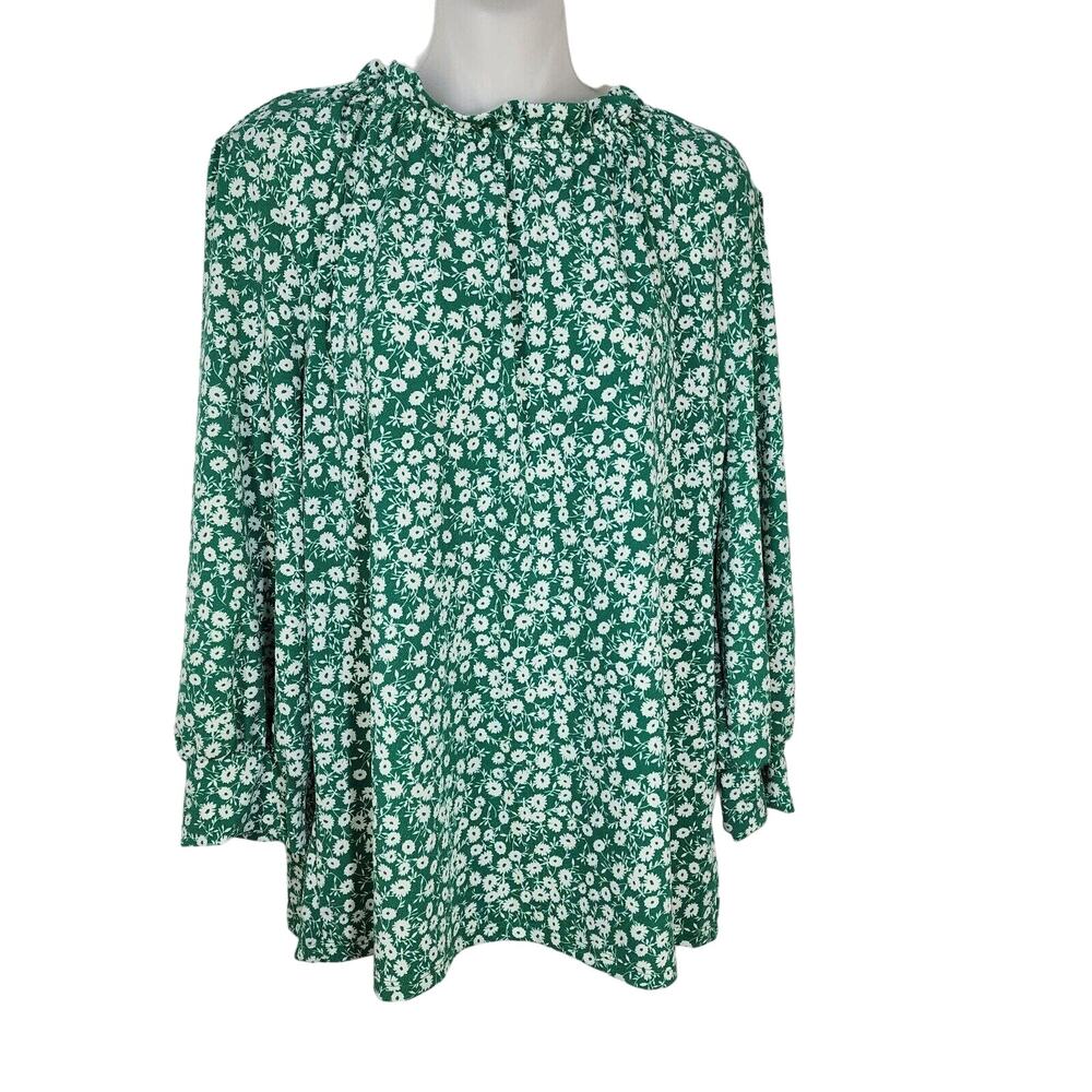 Adrianna Papell Womens Top Large Green White Floral Ruffle Neck Long Sleeve Knit